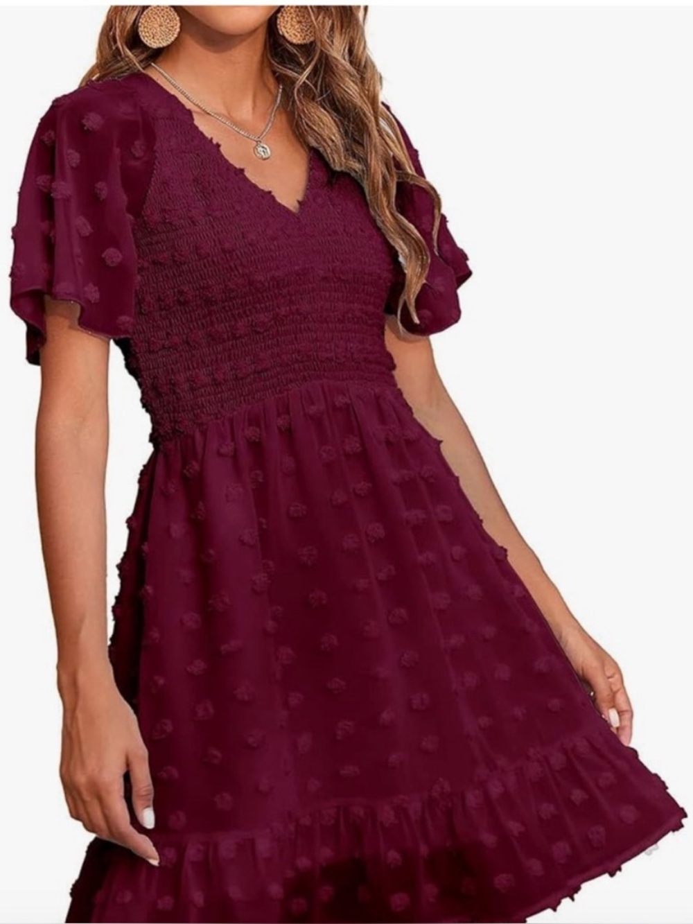 Women’s Burgundy Midi Dress with Smocked Bodice